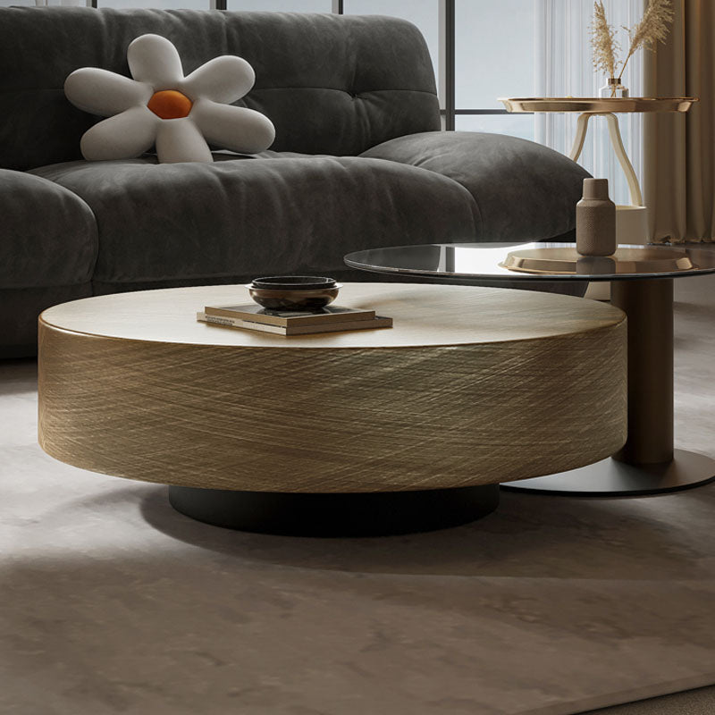 T94 golden nesting coffee table with round textured light brown wooden top and black metal base perfect for living room