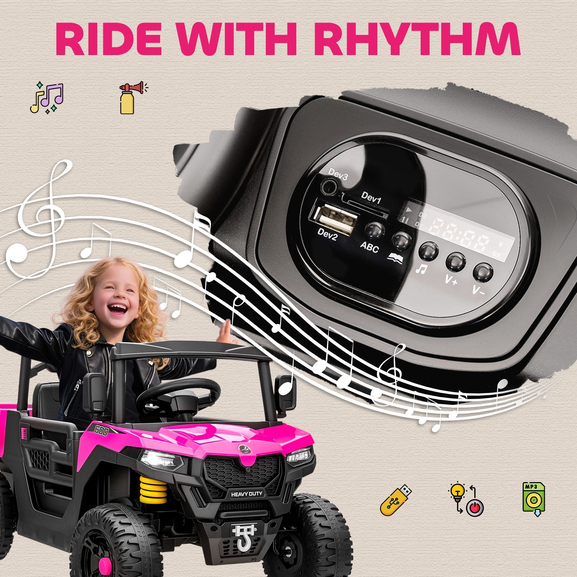 AIYAPLAY Kids Ride on Car, 12V Electric Kids UTV with Electric Dump Bed, 4-Wheel Suspension for 3-8 Years, Pink