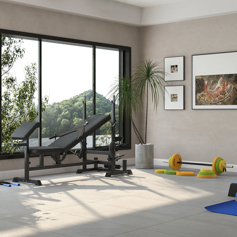 HOMCOM Weight Bench with Adjustable Barbell Rack, Leg Extension, Preacher Curl Pad and 20kg Barbell Set