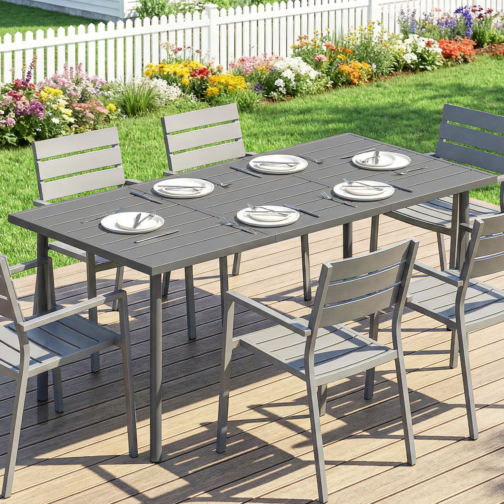 Outsunny Garden Dining Table for 6 Person, 165 x 80 cm Rectangular Outdoor Dining Table with Slatted Top