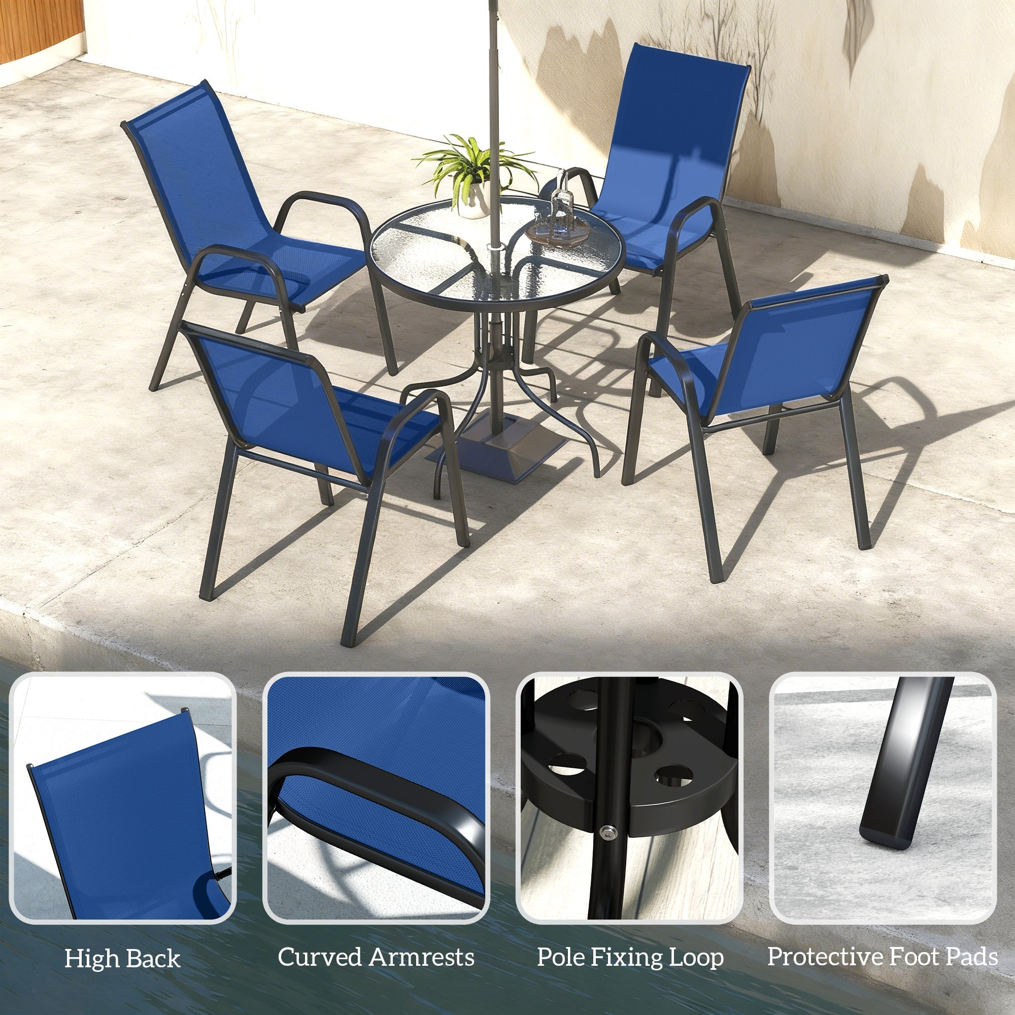 Outsunny Five-Piece Steel Patio Set, with Glass-Top Table - Dark Blue