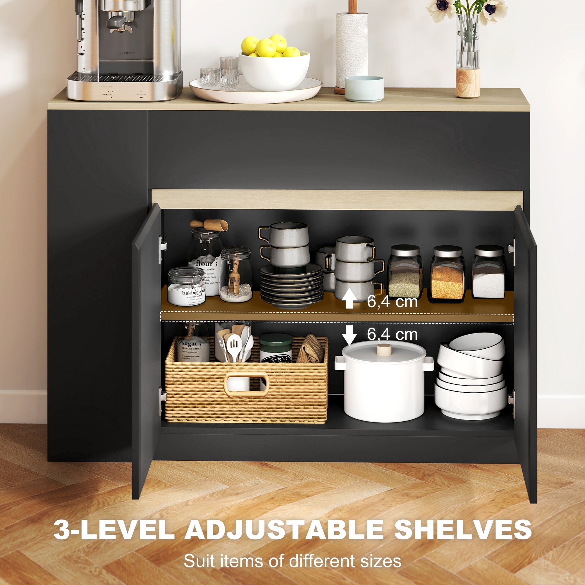 HOMCOM Sideboard, Storage Cabinet with Adjustable Shelf, 2 Drawers, 3 Open Shelves, Black