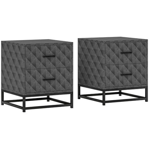 HOMCOM Bedside Tables Set of 2, Modern Bedside Table Nightstand with 2 Drawers, Bedside Cabinet Sofa Side Table with Storage, Steel Legs for Bedroom, Living Room, Grey