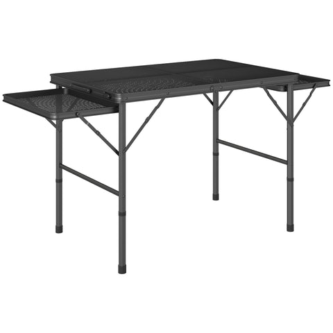 Outsunny Folding Grill Table, 4.5ft Portable Camping Table with 2 Wing Panels, Height Adjustable Metal Picnic Table for Camping, Picnic and BBQ, Black