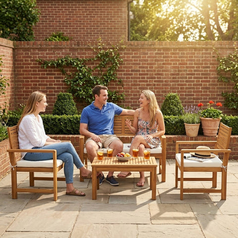 Outsunny 4 Seater Wooden Garden Furniture Set with Loveseat, Armchairs, Table, Acacia Wood Garden Sofa Set, Cream White