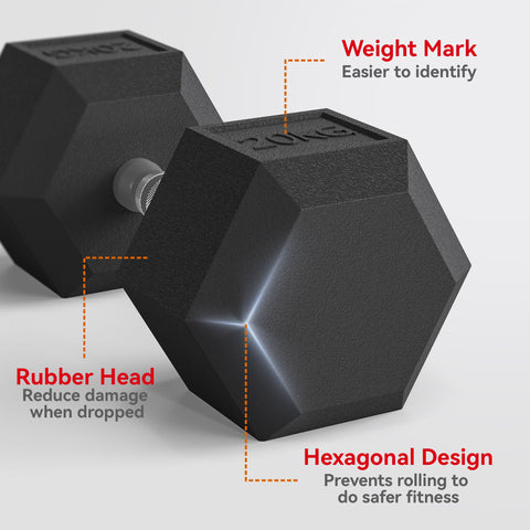 HOMCOM 2x20KG Rubber Hex Dumbbell Portable Hand Weights Dumbbell Home Gym