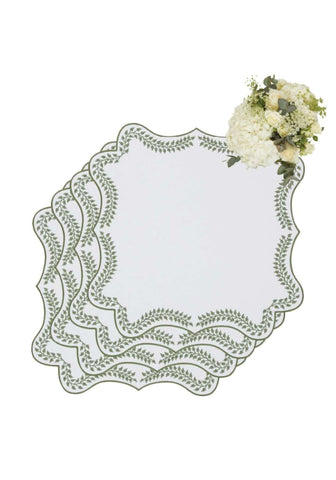 Set of four elegant white placemats with delicate sage green wreath border designs perfect green wreath placemats