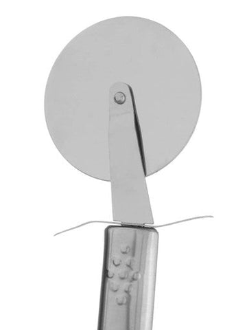 Silver stainless steel pizza cutter with circular blade and satin handle featuring a textured grip