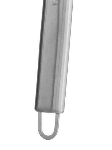 Silver stainless steel pizza cutter with satin handle and looped end for easy grip and smooth cutting