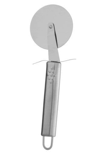 Stainless steel pizza cutter with circular blade and satin handle perfect for easy slicing