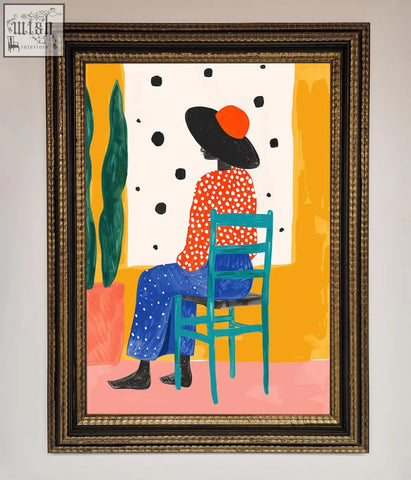 A vibrant take a seat framed poster featuring a figure in colorful clothes on a teal chair with dark ornate frame options