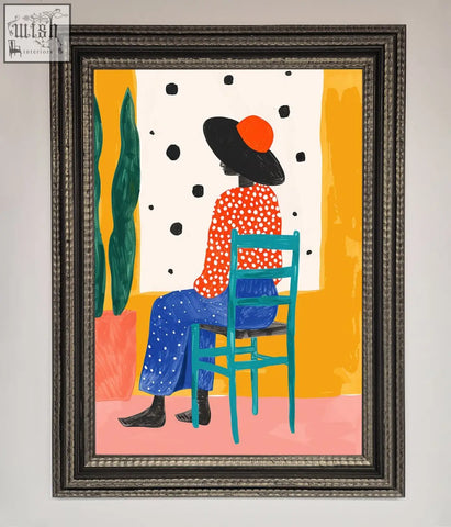 A vibrant take a seat framed poster featuring a figure in orange polka-dot top and blue pants with frame options