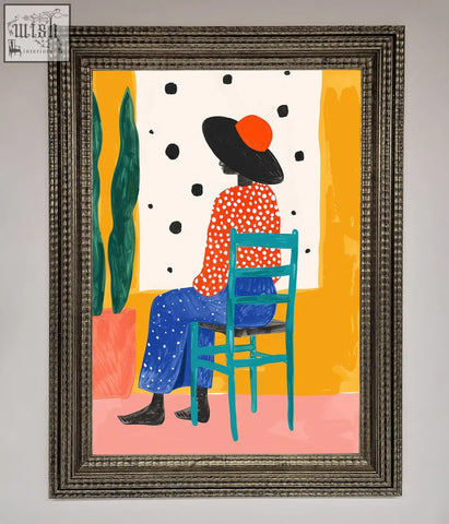 A vibrant take a seat framed poster featuring a figure on a teal chair in a textured dark brown frame with frame options