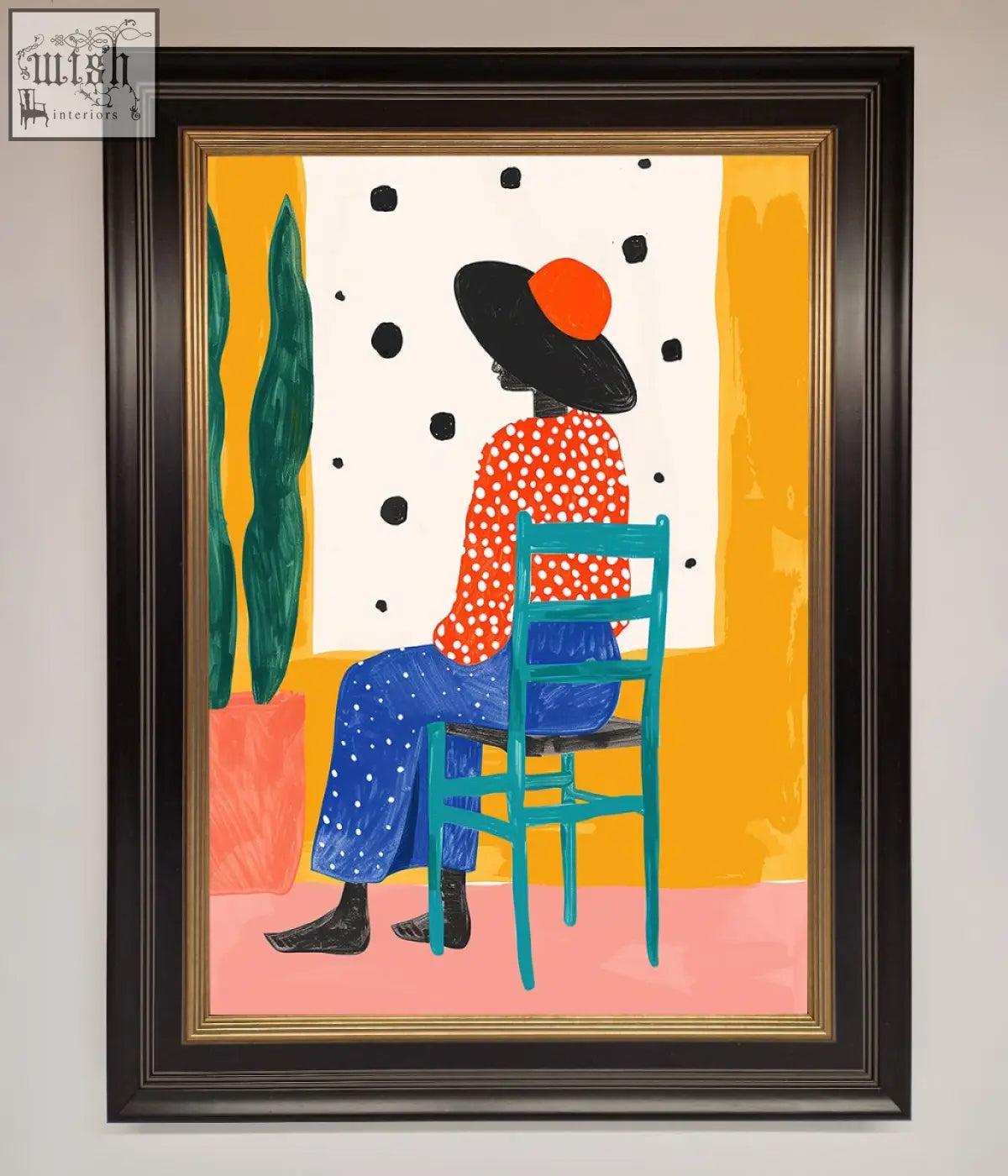 A vibrant take a seat framed poster features a stylized figure on a teal chair with frame options in a dark frame