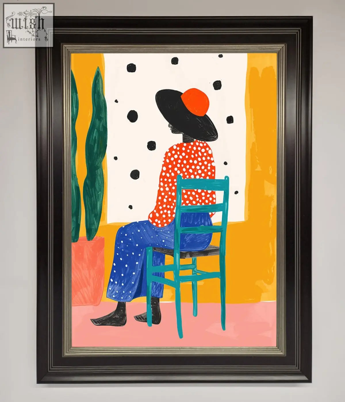 A vibrant take a seat framed poster showing a figure in a black hat on a teal chair wearing orange and blue patterned clothes