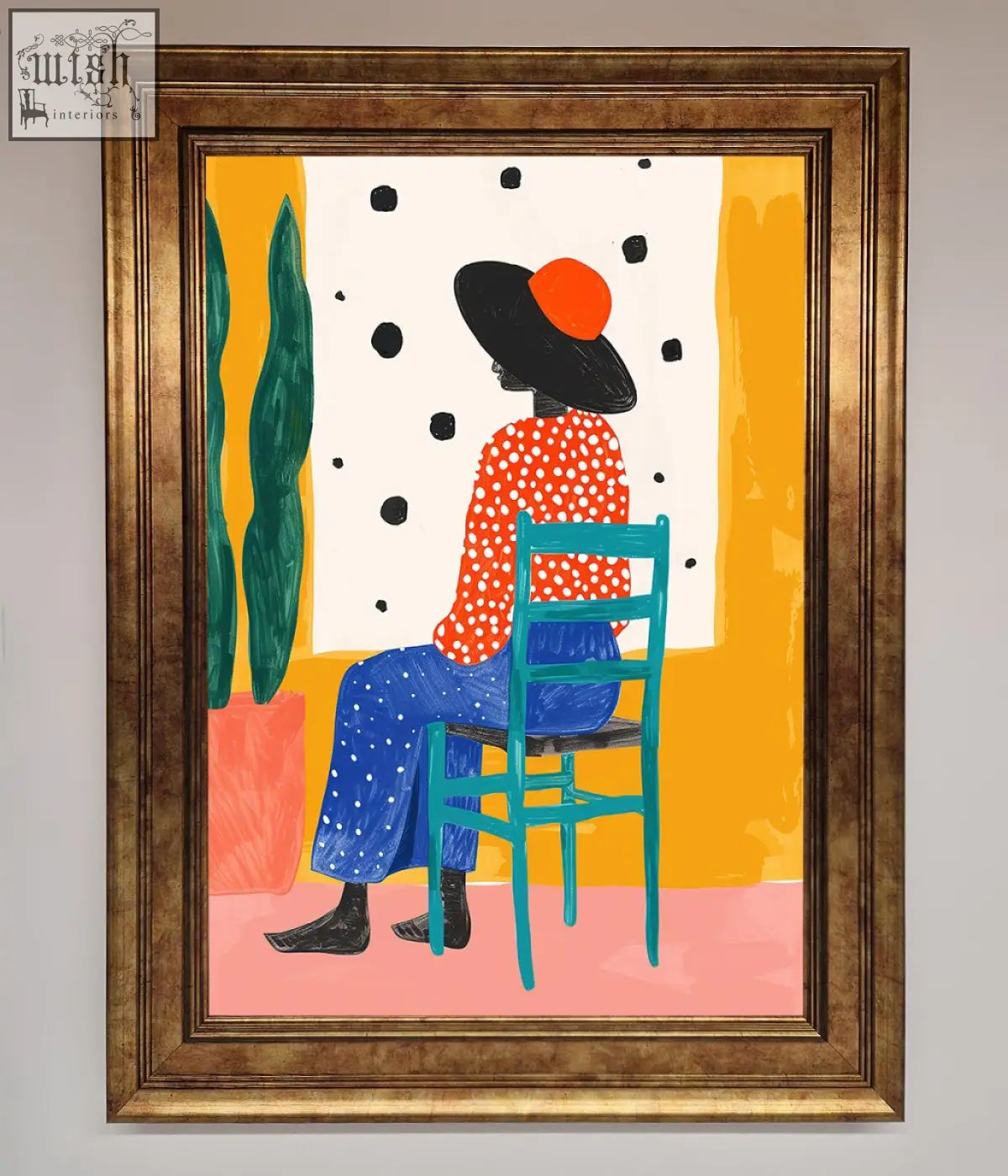 A vibrant take a seat framed poster featuring a figure sitting on a teal chair in an orange top and blue pants