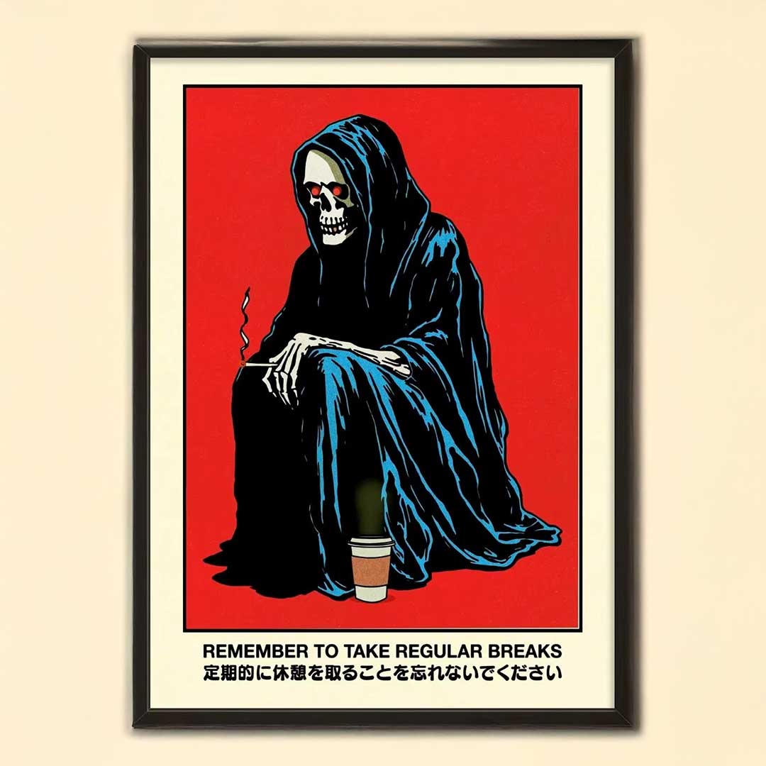 Black-framed regular breaks print of a stylized grim reaper with red eyes in blue robe smoking and holding coffee cup