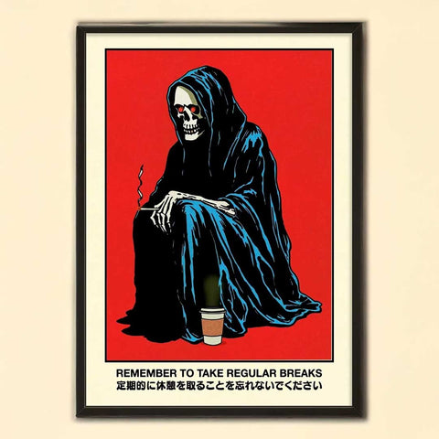 Black-framed regular breaks print of a stylized grim reaper with red eyes in blue robe smoking and holding coffee cup