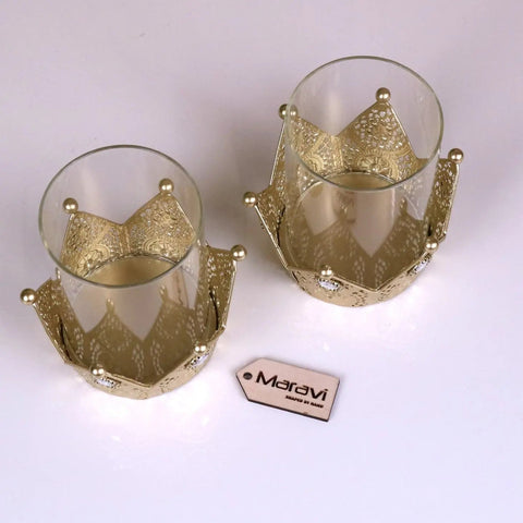 Talika crown candle holder set of 2 in gold with intricate filigree and clear glass inserts perfect for crown candles