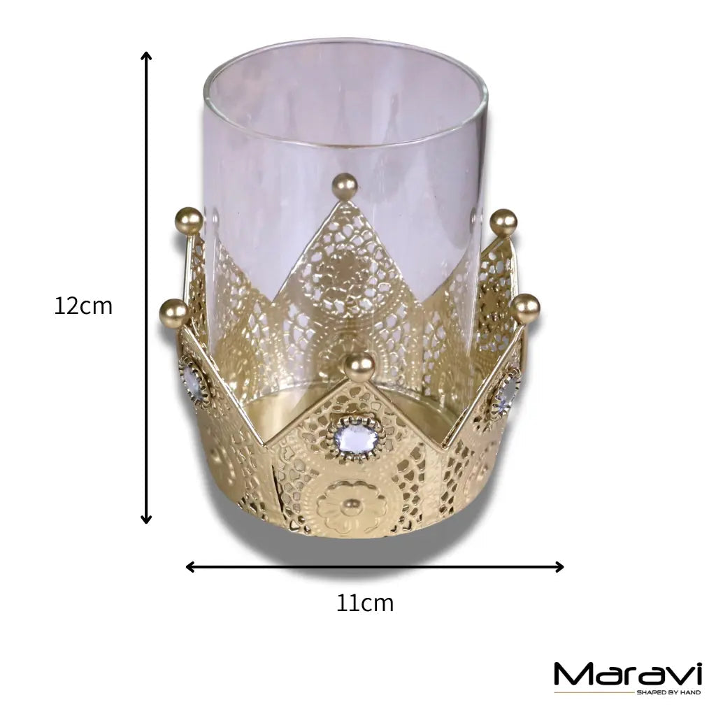 Talika crown candle holder set of 2 gold-toned crown candle with lace-like cutouts and clear crystals in glass cylinder