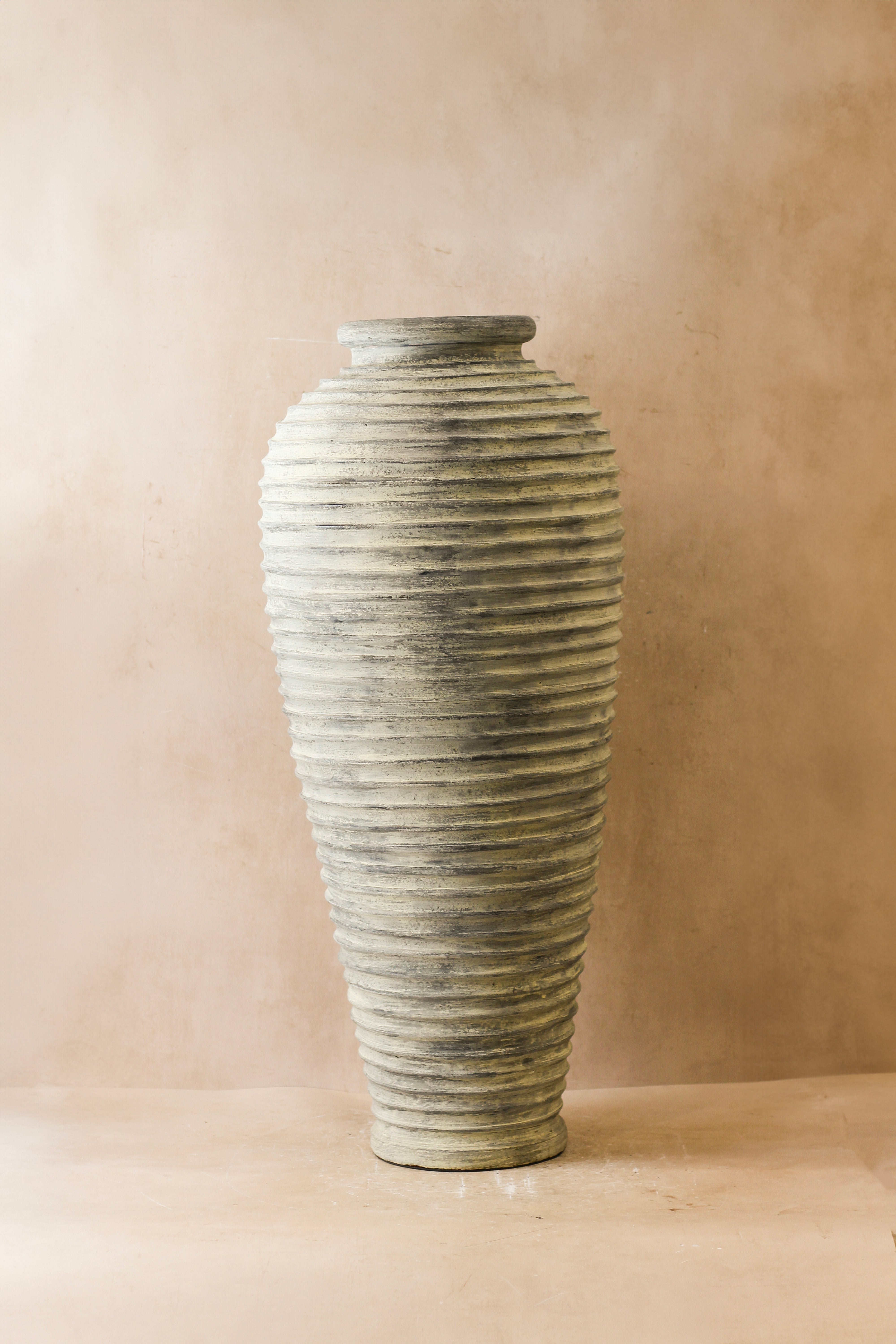 Tall rustic ribbed indonesian pot no 25 xl ceramic vase with a weathered gray green finish and subtle texture