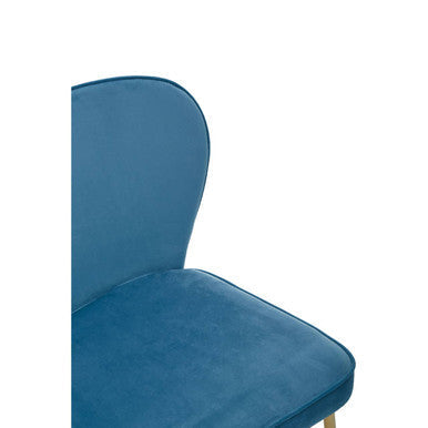 Tamzin blue velvet tapered dining chair with blue seat curved back and gold tone legs