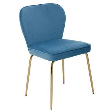 Tamzin blue velvet tapered back dining chair with plush blue seat and gold tone metal legs for stylish seating