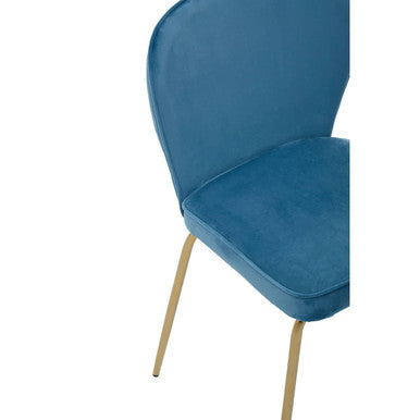 A tamzin blue velvet tapered back dining chair with a sleek blue seat and slender gold metal legs