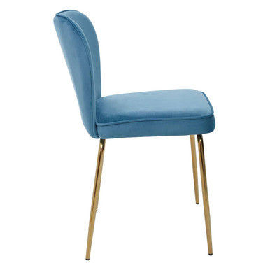 A tamzin blue velvet tapered back dining chair with a sleek blue seat and slender gold metal legs
