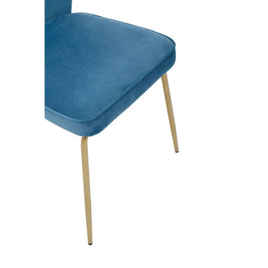 Tamzin blue velvet tapered dining chair with blue seat and slender gold-tone legs for stylish seating