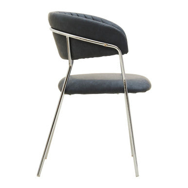 Black quilted velvet chair with chrome metal frame resembling dark grey leather effect dining chair design