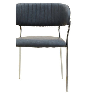 Dark grey leather effect curved dining chair with ribbed backrest and sleek chrome legs perfect for dining rooms