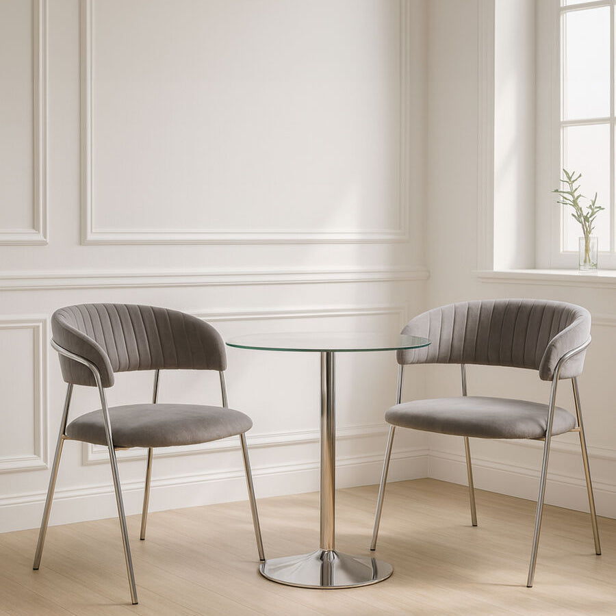 Tamzin mink channel gray velvet dining chair with sleek mink channel chrome finish and curved backrest