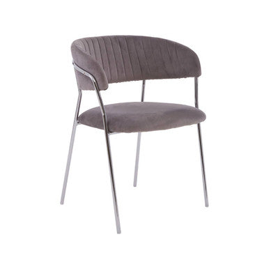 Modern gray velvet tamzin mink channel dining chair with sleek mink channel chrome finish and curved backrest
