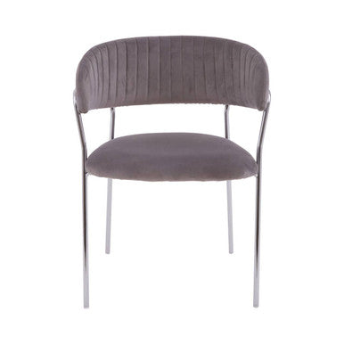A tamzin mink channel dining chair with gray velvet seat and backrest and mink channel chrome slender legs