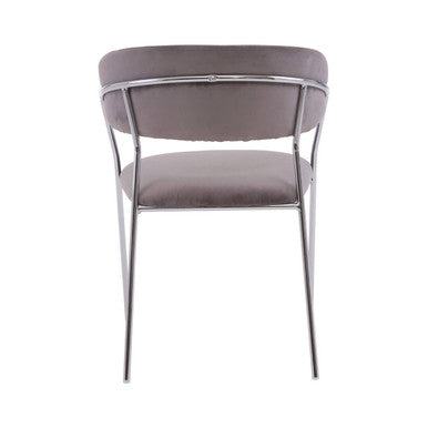 A sleek tamzin mink channel dining chair with gray velvet seat and mink channel chrome finish legs