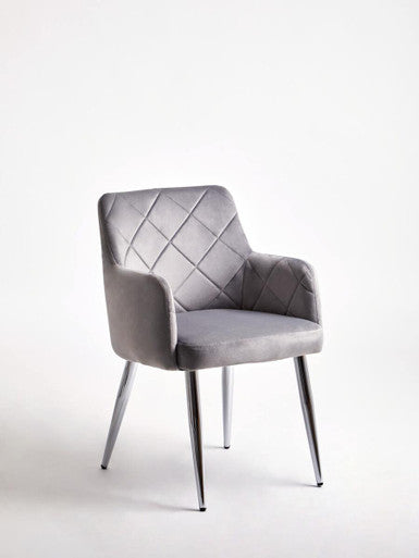 Gray tamzin mink velvet splayed dining chair with diamond quilted back and chrome metal legs in velvet splayed style