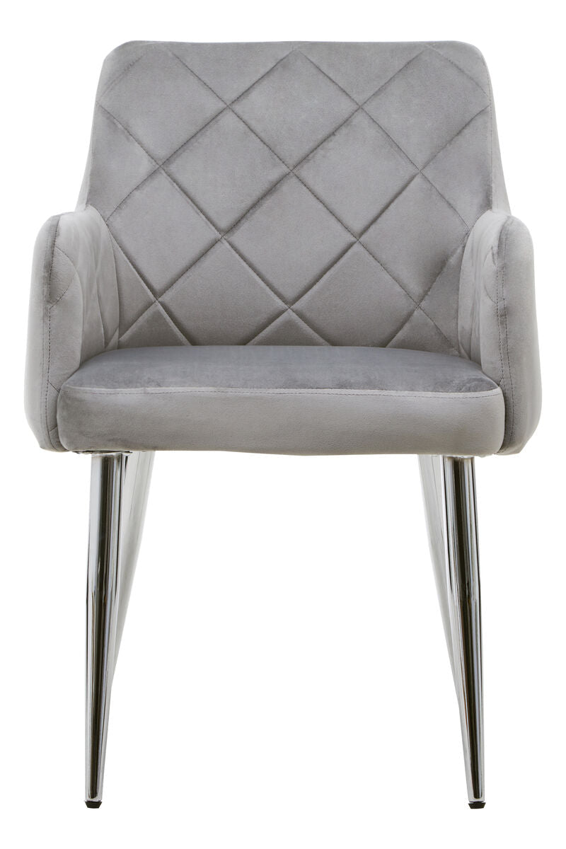 Gray velvet tamzin mink velvet splayed dining chair with diamond quilted back and chrome legs
