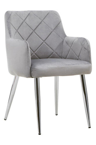 Gray quilted velvet tamzin mink velvet splayed dining chair with chrome legs perfect for stylish dining rooms