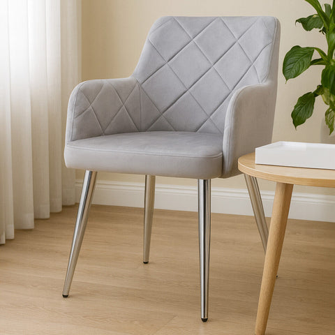 Gray tamzin mink velvet splayed dining chair with quilted velvet and sleek chrome legs