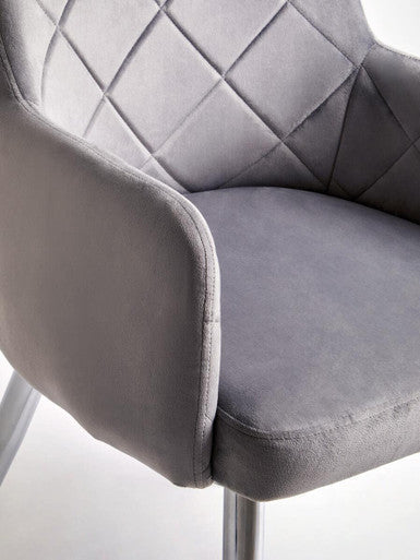 Gray quilted velvet tamzin mink velvet splayed dining chair with chrome legs perfect for stylish dining rooms