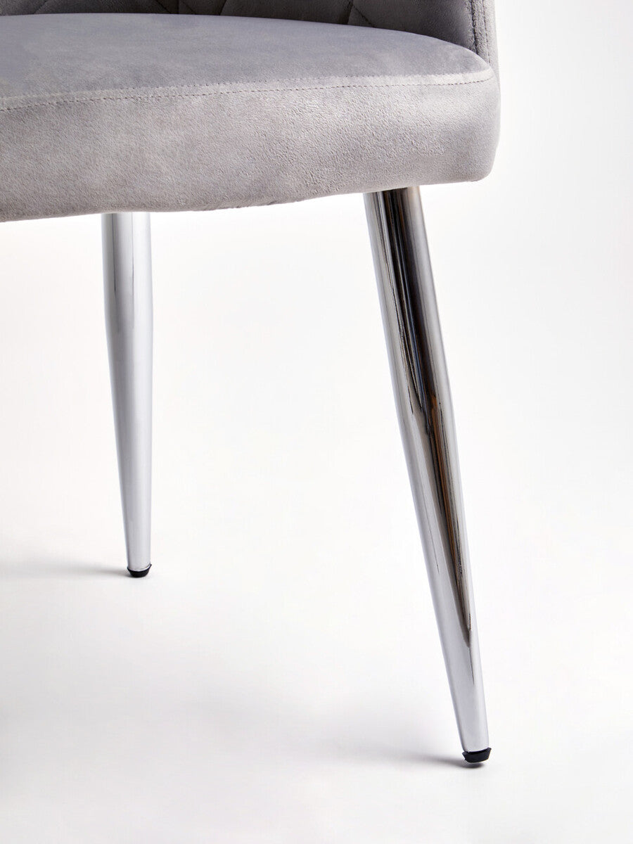 Gray velvet splayed dining chair with sleek chrome legs from tamzin mink velvet collection in mink velvet splayed style