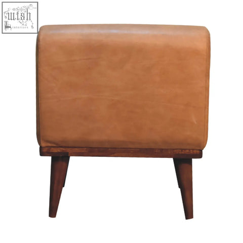 Tan buffalo backrest footstool with tan leather upholstery and solid mango wood chestnut legs