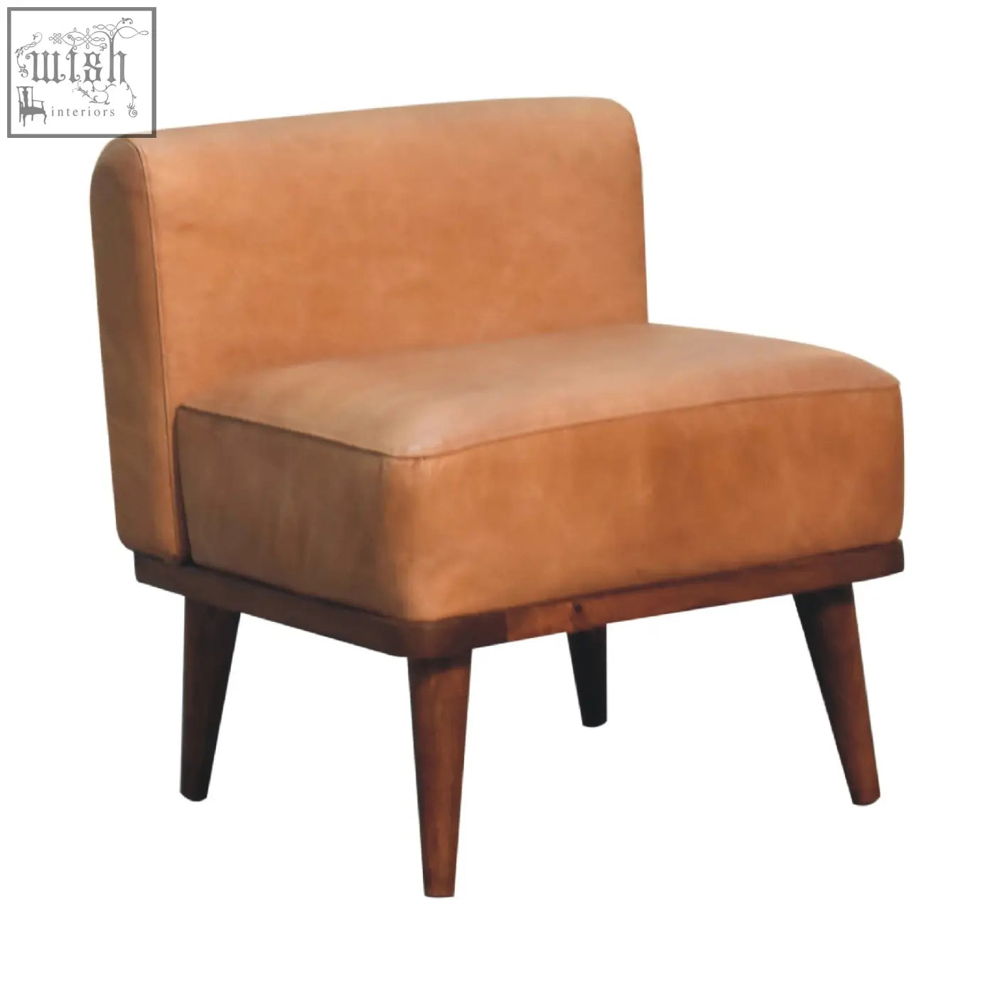 Tan buffalo backrest footstool with tan leather armchair style and chestnut solid mango wood base and tapered legs