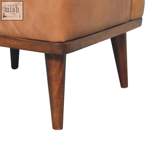 Tan buffalo backrest footstool with tan leather armchair style, chestnut solid mango wood frame and tapered legs