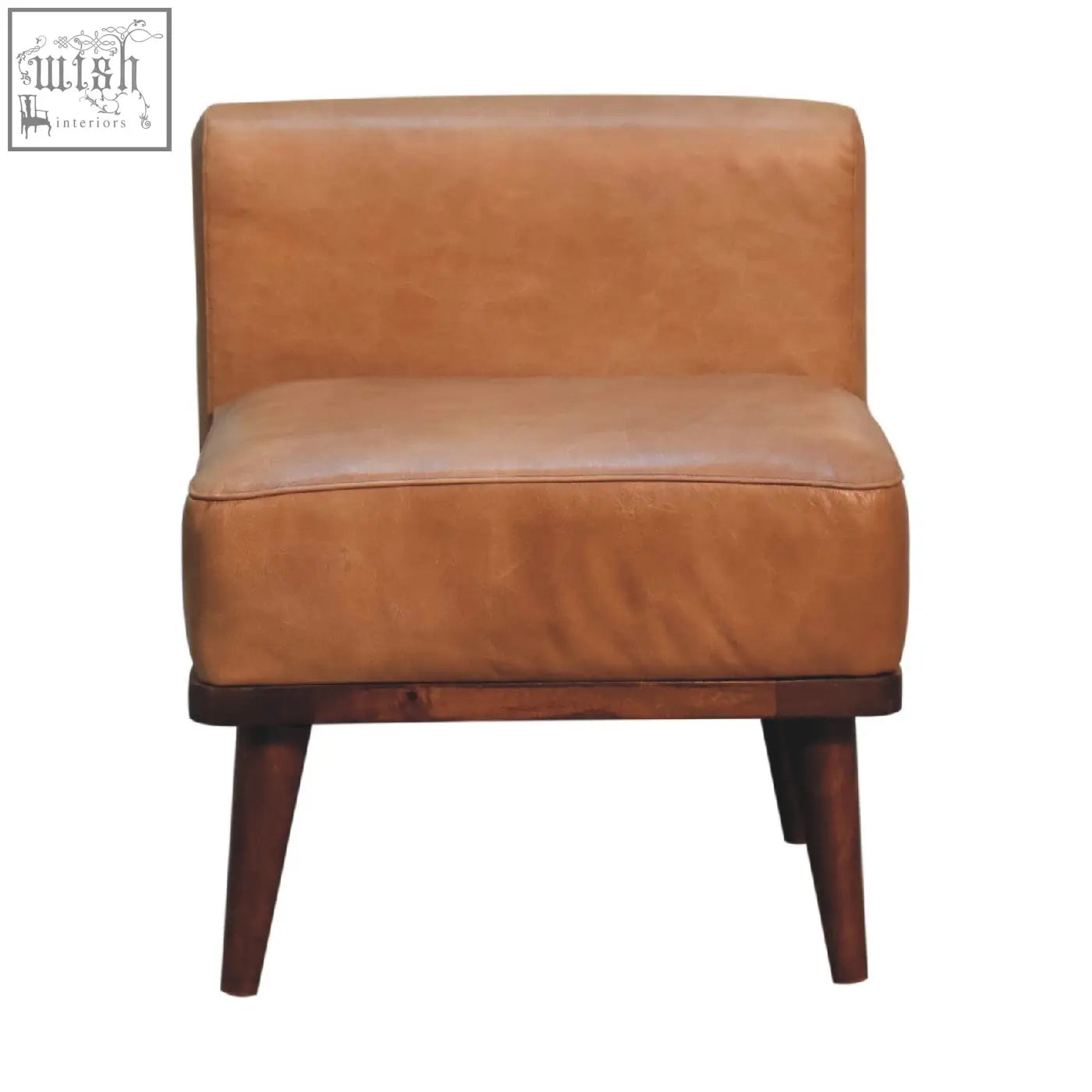Tan buffalo backrest footstool with tan leather armchair featuring solid mango wood chestnut base and tapered legs