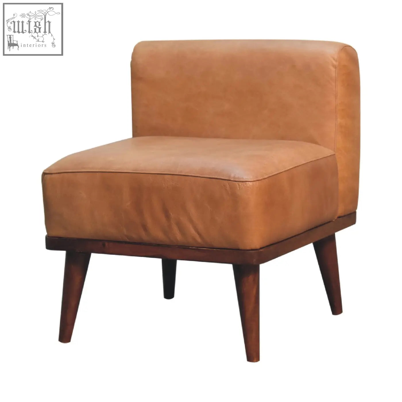 Tan buffalo backrest footstool in tan leather with chestnut solid mango wood base and tapered legs