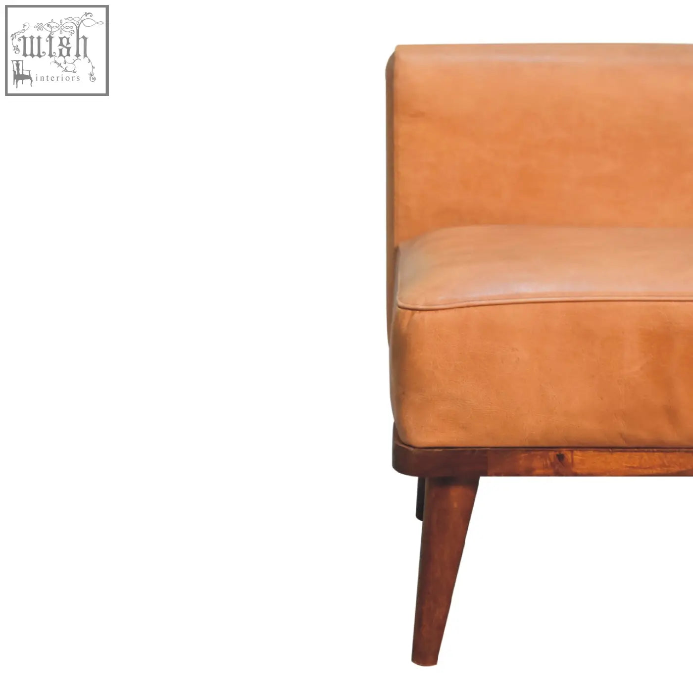 Tan buffalo backrest footstool with tan leather armchair, chestnut solid mango wood frame and tapered legs