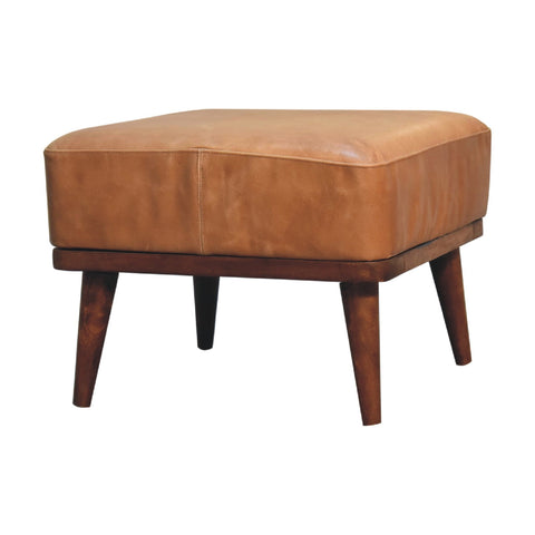 Tan buffalo leather footstool with square cushioned top and dark wood legs perfect for living room use