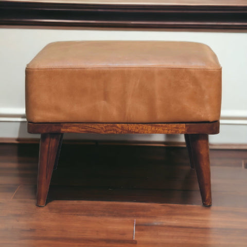 Tan buffalo leather footstool with wooden base tapered legs stylish tan leather ottoman for living room seating